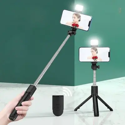 Bastão de Selfie Bluetooth Sem Fio Tripé Com Luz LED