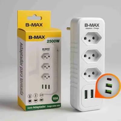Benjamim Adaptador Triplo 3 Tomadas 2 USB 1 Tipo-C 10A Bivolt