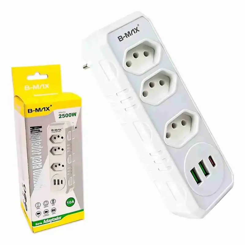 Benjamim Adaptador Triplo 3 Tomadas 2 USB 1 Tipo-C 10A Bivolt