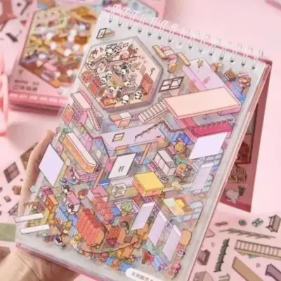 Caderno Interativo de Adesivos 3D com 8 Cenários e Pinça