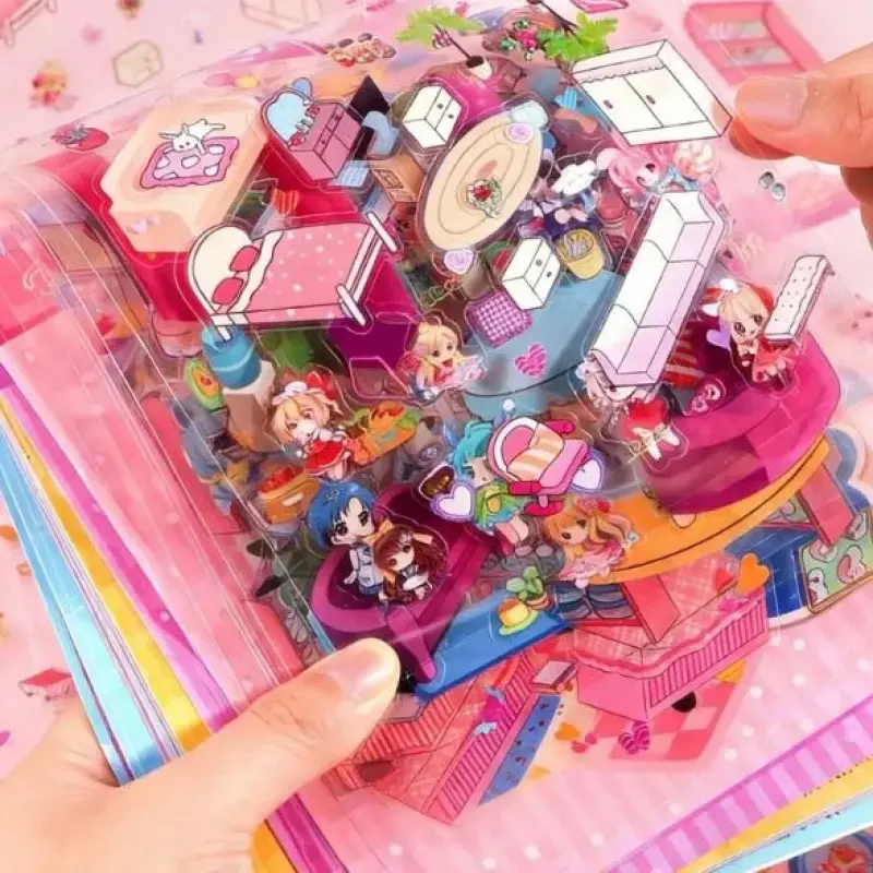 Caderno Interativo de Adesivos 3D com 8 Cenários e Pinça