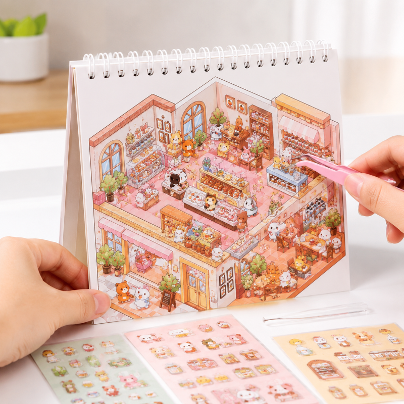 Caderno Interativo de Adesivos 3D com 8 Cenários e Pinça