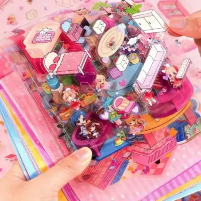 Caderno Interativo de Adesivos 3D com 8 Cenários e Pinça