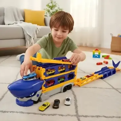 Caminhão Tubarão 2 em 1 Vira Pista com Lançador de Carrinhos