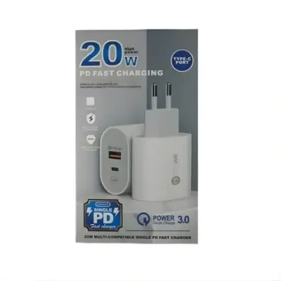 Carregador De Tomada 20W Turbo Dual Port USB-C PD e USB Quick Charge 3.0 Branco