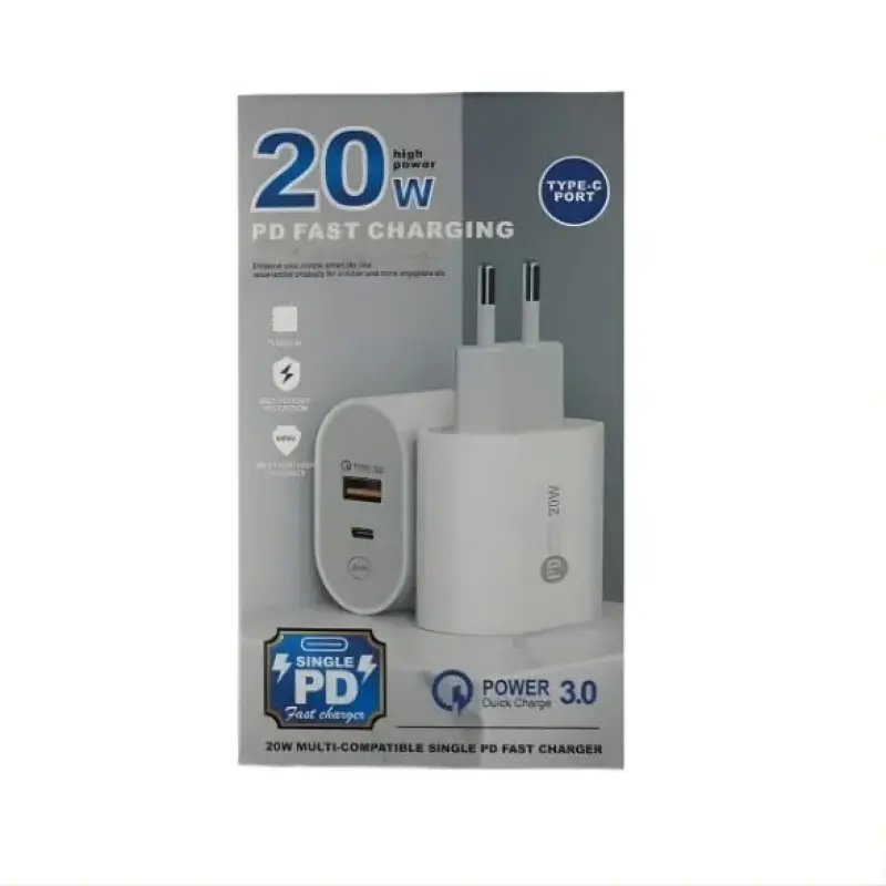 Carregador De Tomada 20W Turbo Dual Port USB-C PD e USB Quick Charge 3.0 Branco