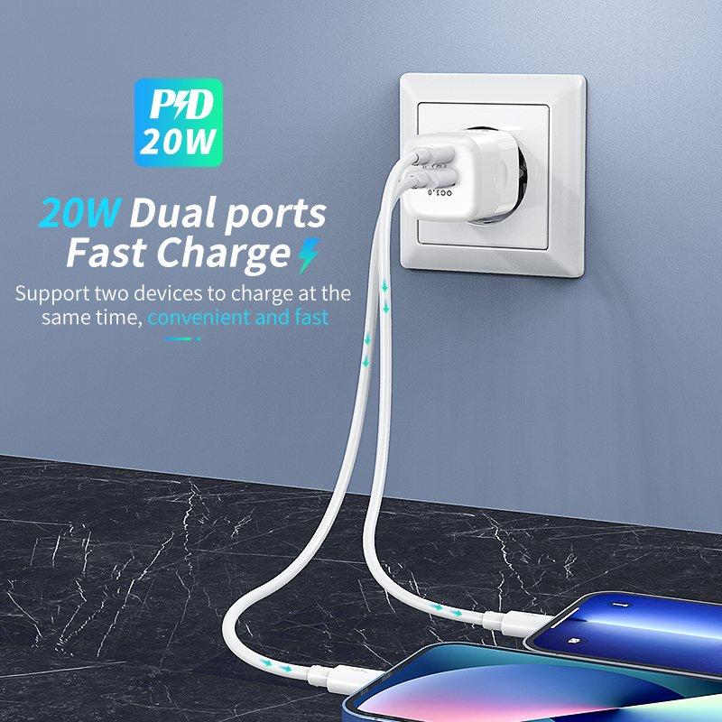 Carregador Turbo De Tomada 1 USB-C + 1 USB – QC3.0 20w