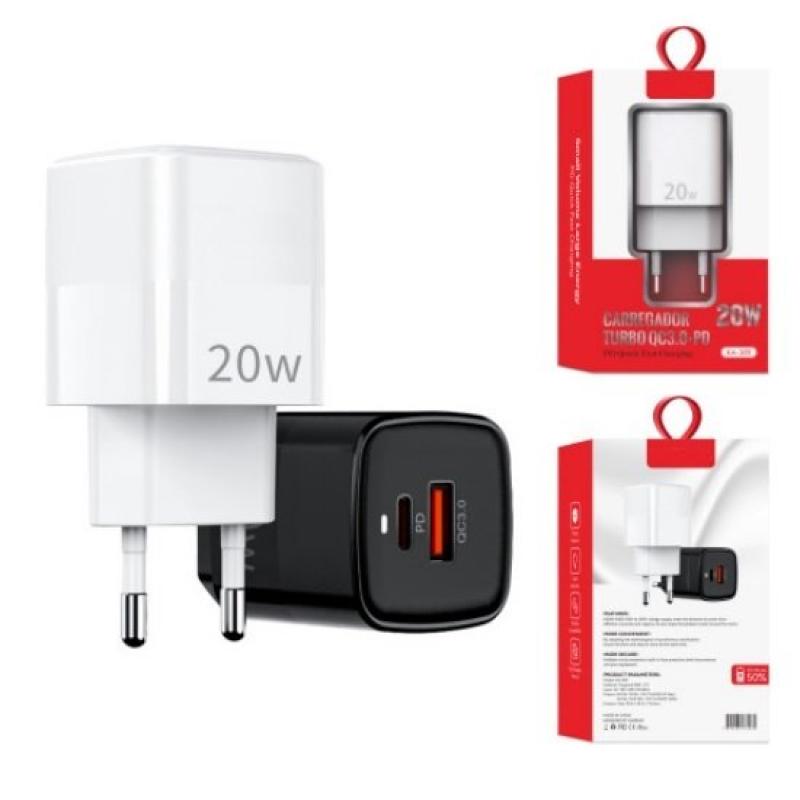 Carregador Turbo De Tomada 1 USB-C + 1 USB – QC3.0 20w