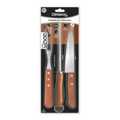 Conjunto de Churrasco com Faca, Garfo e Chaira Amolador com Cabo de Madeira