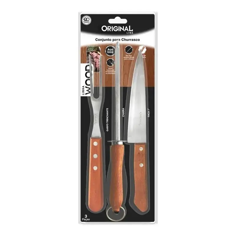 Conjunto de Churrasco com Faca, Garfo e Chaira Amolador com Cabo de Madeira