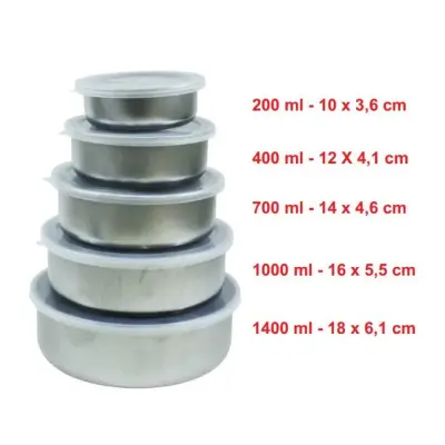 Conjunto de Tigelas Potes de Inox com Tampa – 5 peças