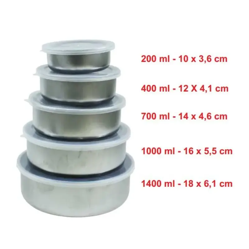 Conjunto de Tigelas Potes de Inox com Tampa – 5 peças