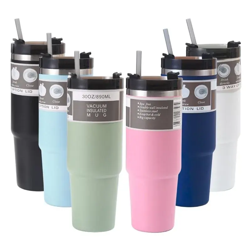 Copo Térmico Com Tampa e Canudo 890ML – Cor Sortida