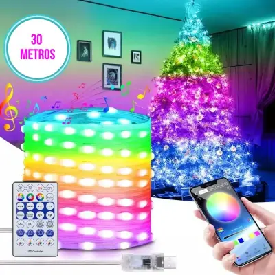Cordão de LED RGB Decoração Controle Aplicativo Bluetooth – 30 Metros