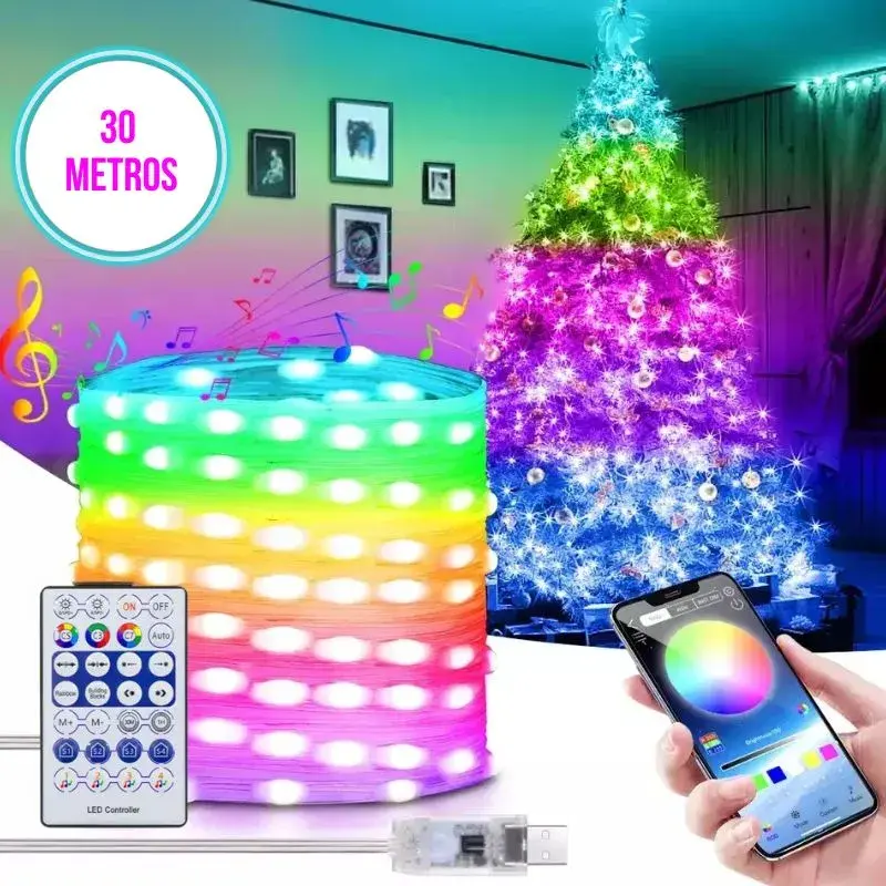 Cordão de LED RGB Decoração Controle Aplicativo Bluetooth – 30 Metros