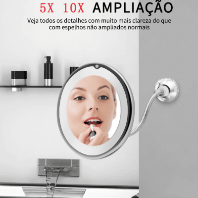 Espelho Flexível 360º com Led Aumenta 10x Ventosa Mesa e Parede do Banheiro