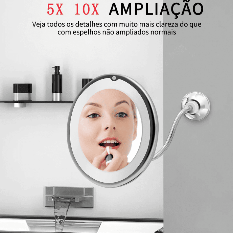 Espelho Flexível 360º com Led Aumenta 10x Ventosa Mesa e Parede do Banheiro