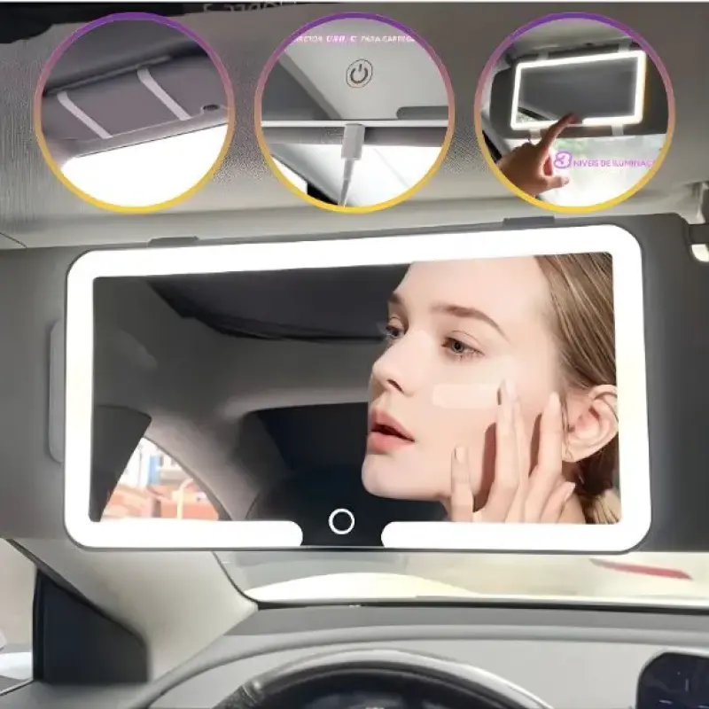 Espelho Para Viseira Solar De Carro com Led 3 Modos De Luz Sensível Ao Toque