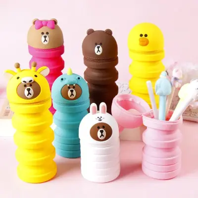 Estojo Escolar Porta Canetas e Porta Pincéis de Maquiagem Ursinho Silicone