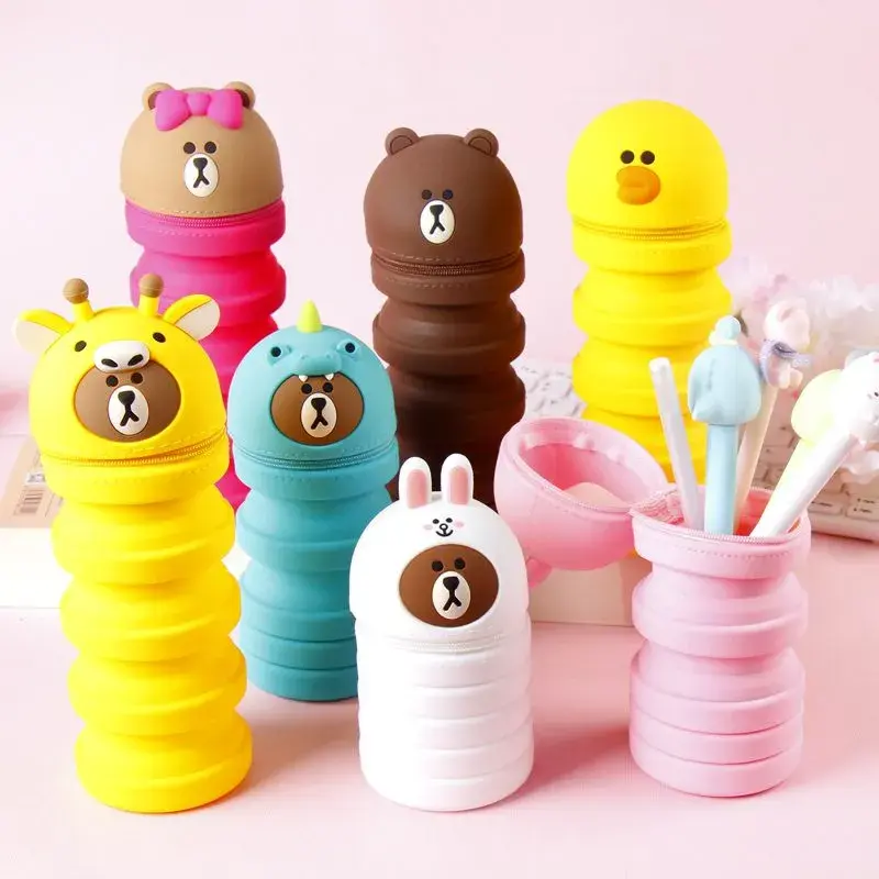 Estojo Escolar Porta Canetas e Porta Pincéis de Maquiagem Ursinho Silicone