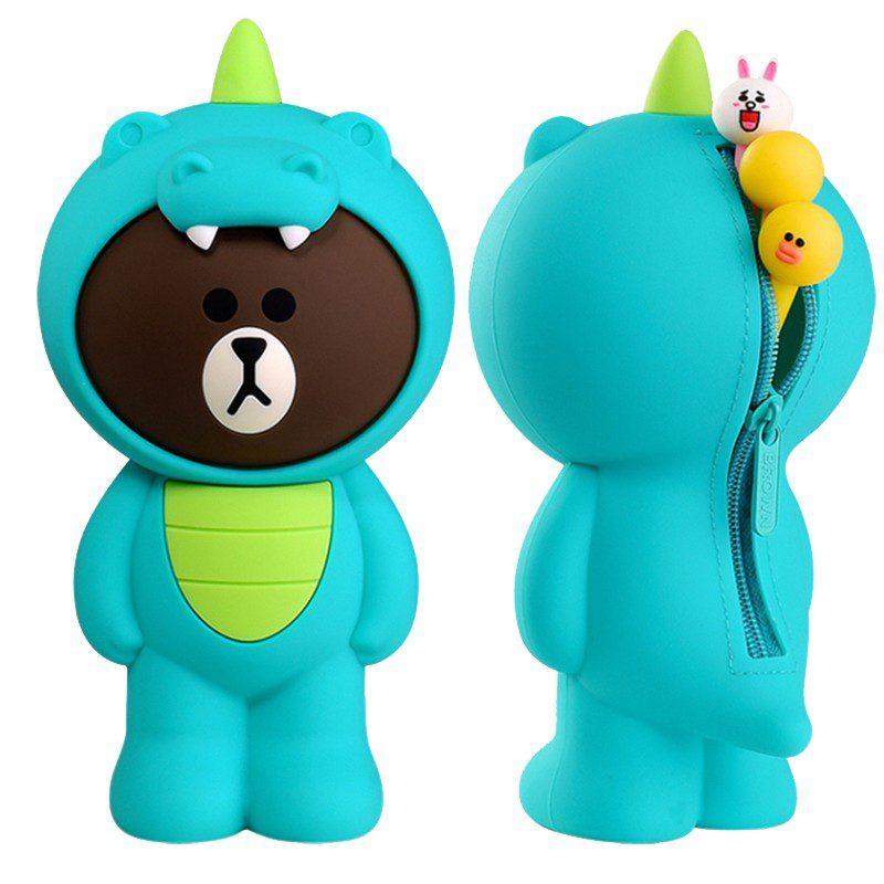 Estojo Lápis Caneta Necessaire e Porta Treco de Silicone Line Friends Dino Brown