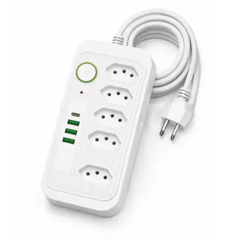 Extensão Régua Elétrica 5 Tomadas 3 USB 1 USB-C