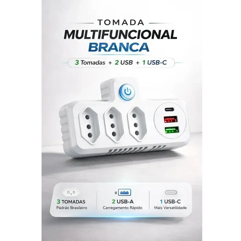 Extensor de Tomada com 3 Tomadas, 2 USB e 1 USB Tipo C