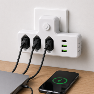 Extensor de Tomada com 3 Tomadas, 2 USB e 1 USB Tipo C