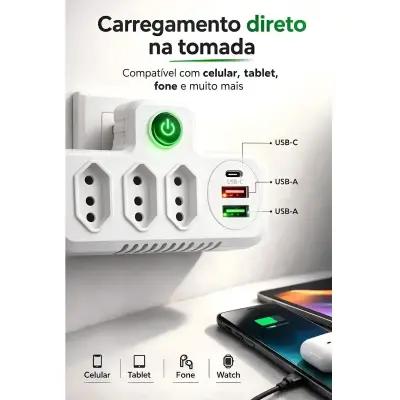 Extensor de Tomada com 3 Tomadas, 2 USB e 1 USB Tipo C