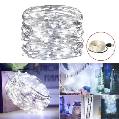 Fio Fada Cordão Decorativo Branco Frio 10 Metros USB e Pilhas