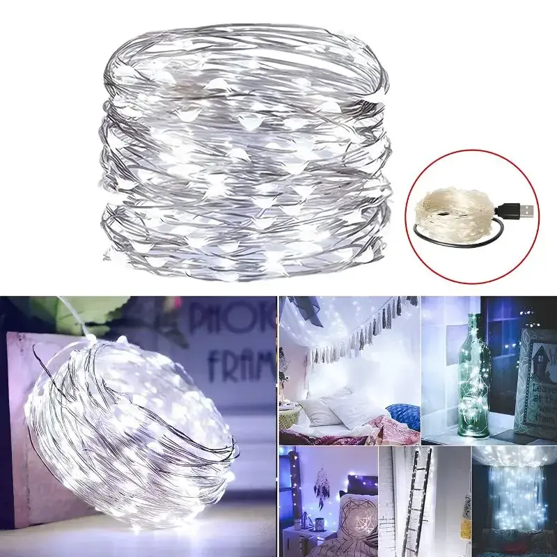 Fio Fada Cordão Decorativo Branco Frio 10 Metros USB e Pilhas