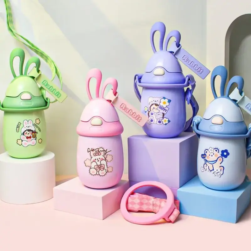 Garrafa Termica Infantil Orelhinhas De Coelho Aço Inox Com Canudo 350ML
