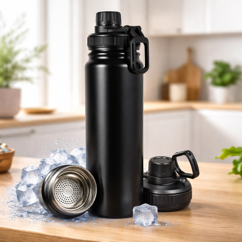 Garrafa Térmica Inox com Alça e Bico 800ml – Preto