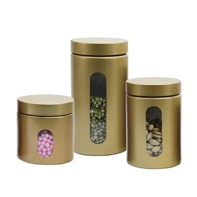 Jogo Pote Porta Mantimentos Hermético Metal e Vidro Gold 3 Pecas