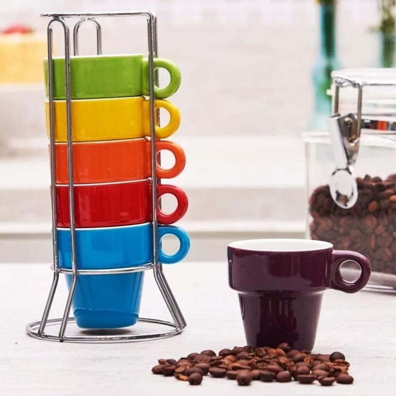 Jogo Xícaras De Café 6 Und Porcelana Colorida Com Suporte