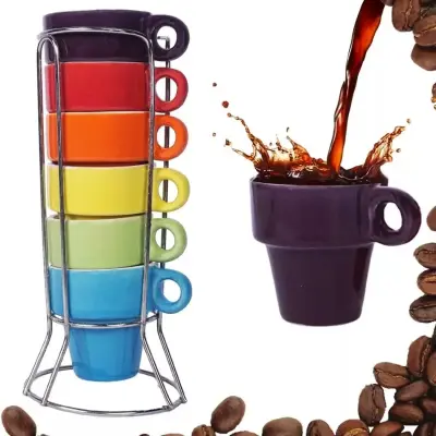 Jogo Xícaras De Café 6 Und Porcelana Colorida Com Suporte