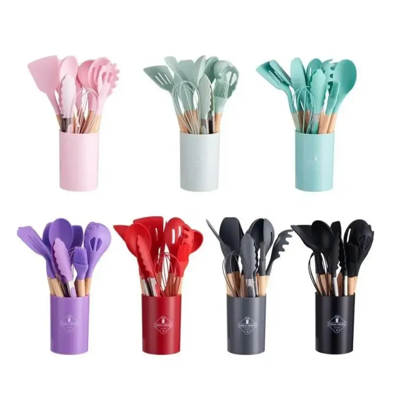 Kit C/12 Utensílios De Cozinha Silicone Cabo Madeira