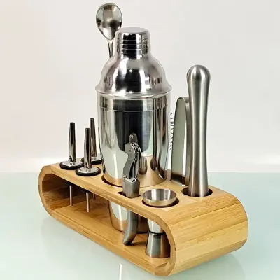 Kit Coqueteleira Aço Inox Bar Para Caipirinha e Drink + Suporte de Madeira