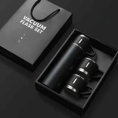 Kit Garrafa Térmica Inox 500ml Com 3 Xícaras Camping Viagem – Preto