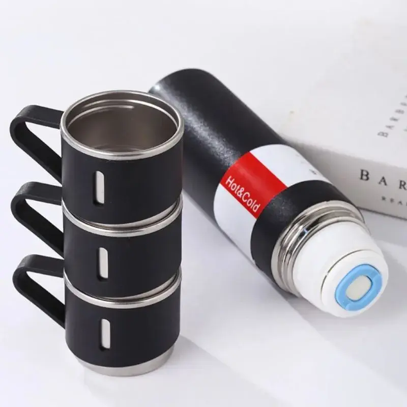 Kit Garrafa Térmica Inox 500ml Com 3 Xícaras Camping Viagem – Preto