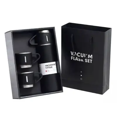 Kit Garrafa Térmica Inox 500ml Com 3 Xícaras Camping Viagem – Preto