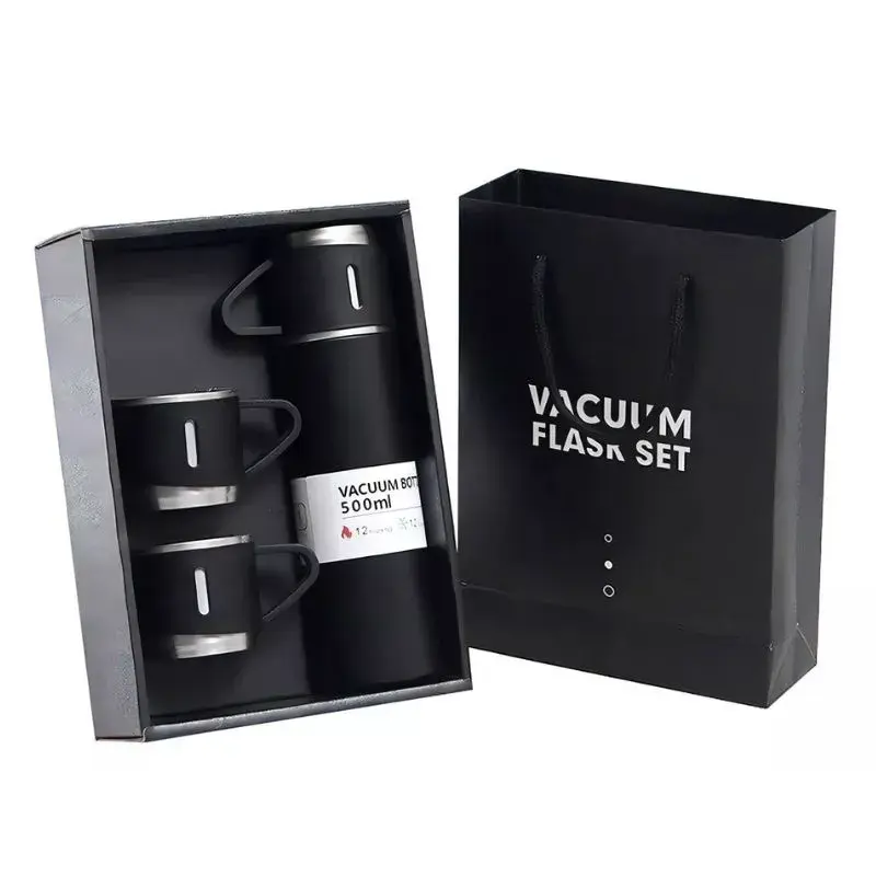 Kit Garrafa Térmica Inox 500ml Com 3 Xícaras Camping Viagem – Preto