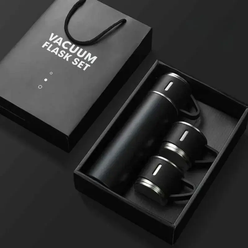 Kit Garrafa Térmica Inox 500ml Com 3 Xícaras Camping Viagem – Preto