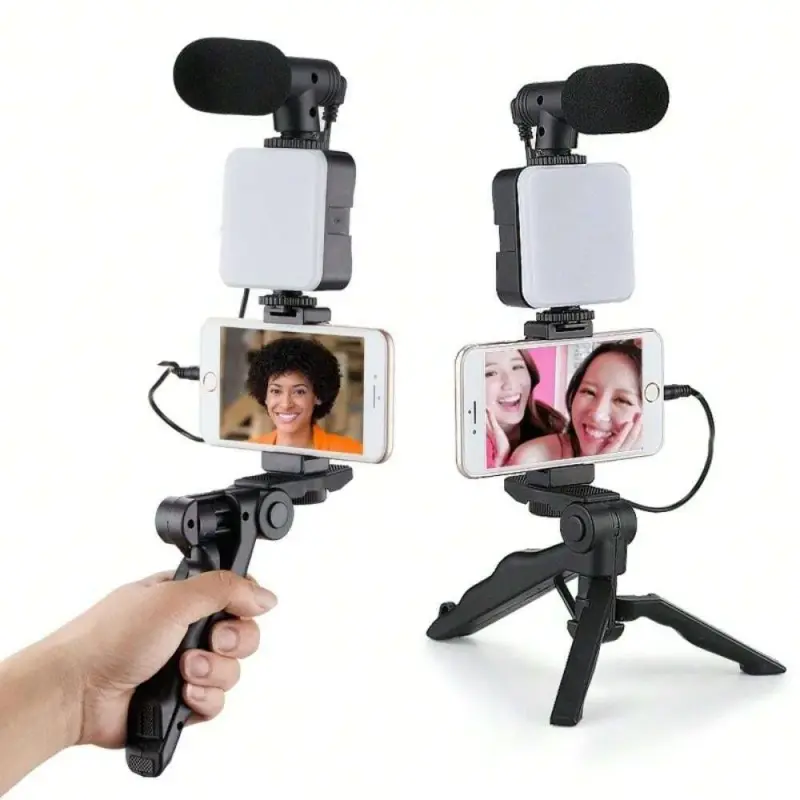Kit Gravação 4 Em 1 Com Controle Remoto Suporte Celular LED E Microfone
