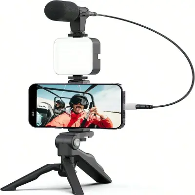 Kit Gravação 4 Em 1 Com Controle Remoto Suporte Celular LED E Microfone