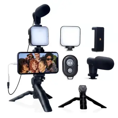 Kit Gravação 4 Em 1 Com Controle Remoto Suporte Celular LED E Microfone