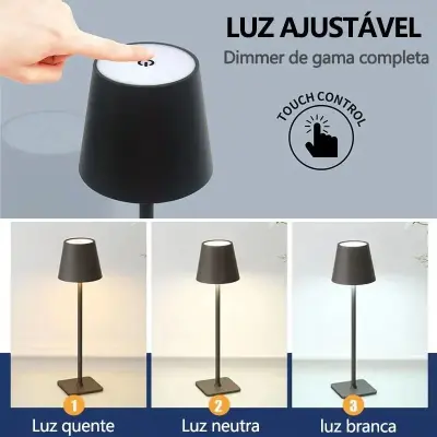 Luminária Abajur Mesa LED Touch Sem Fio Recarregável Preto