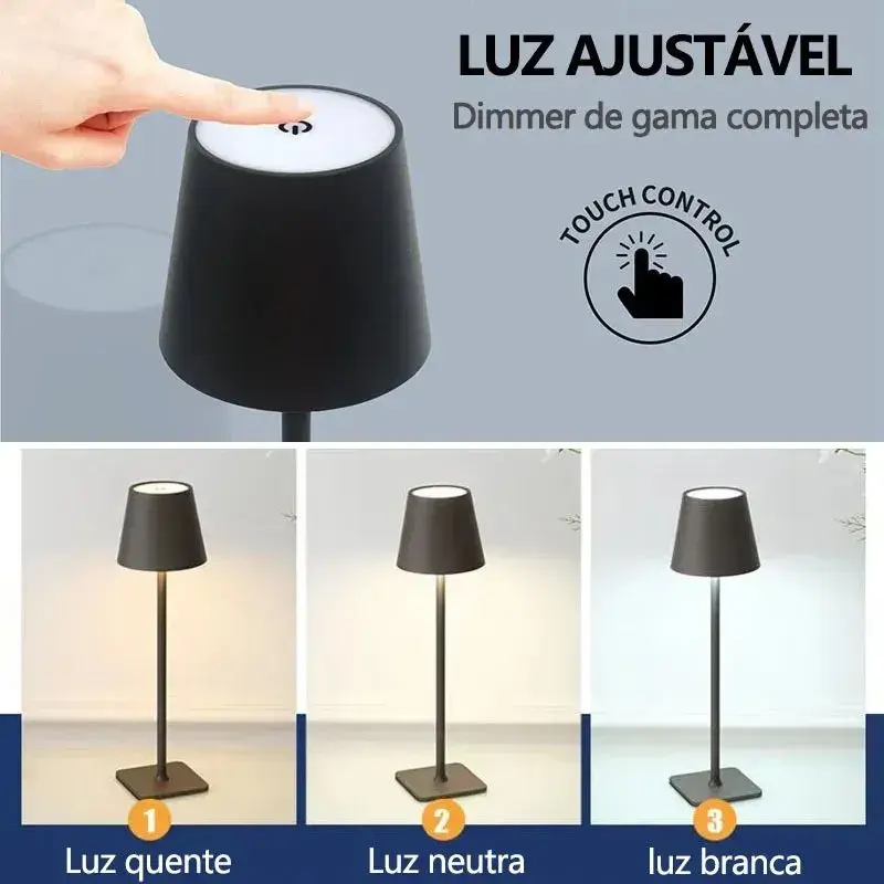 Luminária Abajur Mesa LED Touch Sem Fio Recarregável Preto