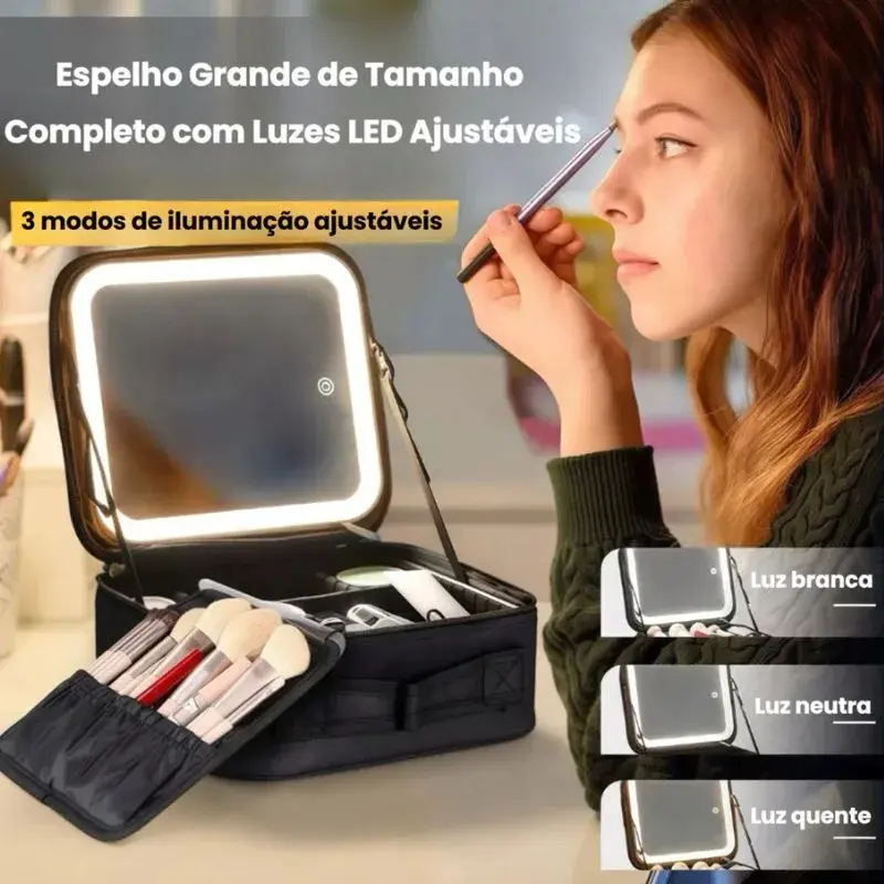 Maleta Necessaire De Maquiagem Com Espelho LED Multifuncional
