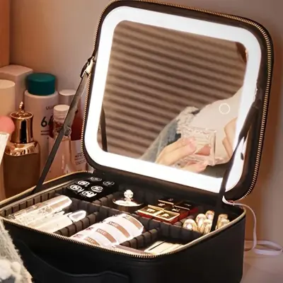 Maleta Necessaire De Maquiagem Com Espelho LED Multifuncional